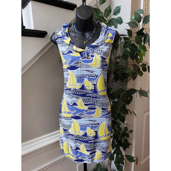 Crown & Ivy Sheath Dress Womens PS Multi Sailboat Print Sleeveless Ruffled Neck - Picture 1 of 11